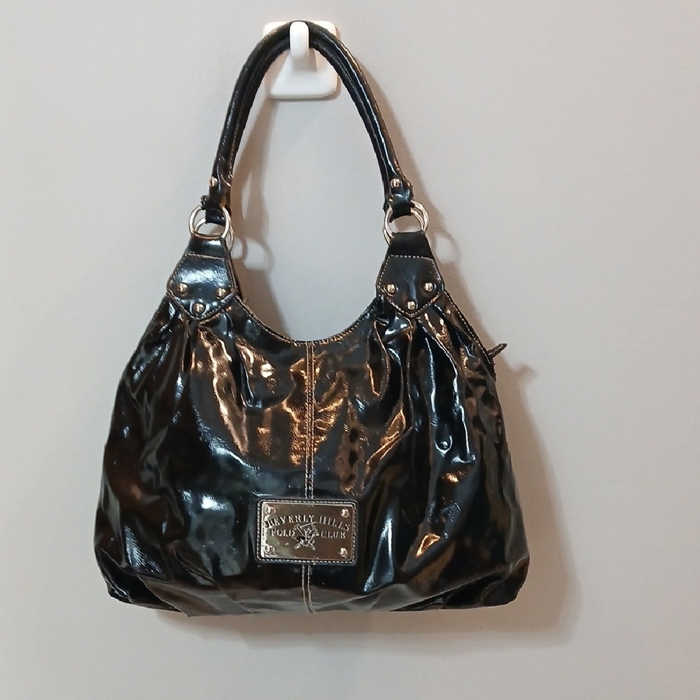 Beverly Hills Polo Club black patent leather shoulder bag. Vintage